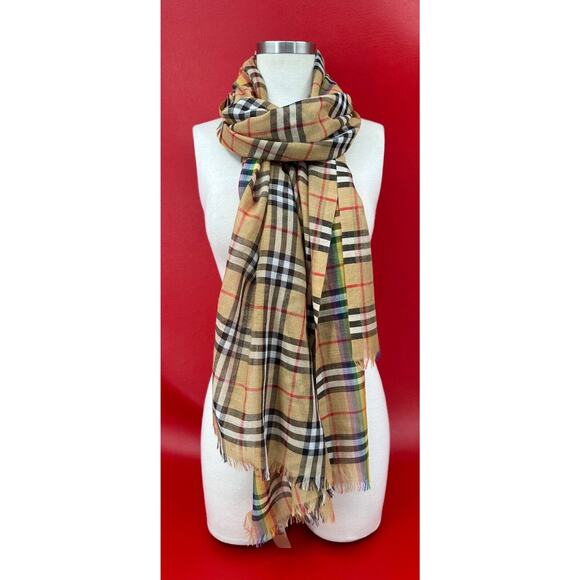 Burberry Rainbow Nova Check Wool And Silk Fringe Lightweight Scarf Wrap 87"x28" - Picture 1 of 16